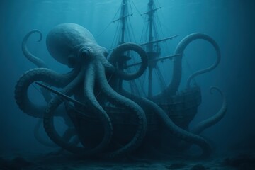 Giant Octopus Grasping a Shipwreck Beneath the Deep Ocean Waves