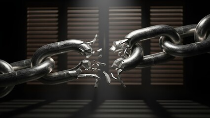 Conceptual image showing a broken metal chain representing freedom and overcoming obstacles for