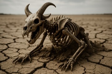 Skeletal Creature Crawling on Cracked Dry Ground in Desert Landscape