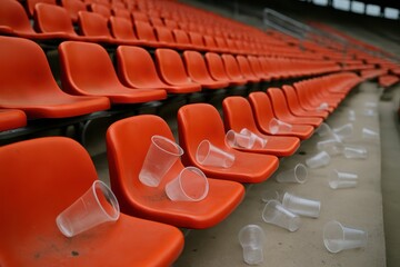 Discarded Plastic Cups on Empty Orange Stadium Seats