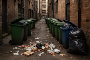 Trash and Litter in an Urban Alley Surrounded by Garbage Bins