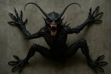 Dark Creature with Spiked Skin and Menacing Expression on Wall