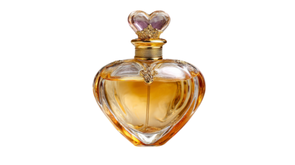 Heart shaped perfume bottle filled with yellow liquid fragrance love romance gift for woman valentines day luxury transparent background