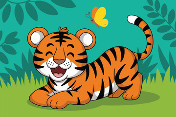 Cute cartoon tiger illustration playing with butterfly in jungle setting happy mammal wildlife exotic animal character for children's storybooks educational materials zoo animal conservation awareness