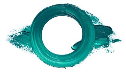 Teal brushstrokes form a circle, sweeping outward on black. Energetic texture