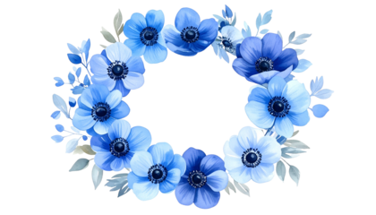 Watercolor wreath of blue anemone flowers, foliage, arranged in a circular formation, black background