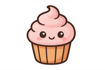 Cute smiling pink cupcake cartoon character illustration
