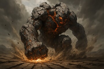 Fiery Stone Creature Emerging from Cracked Ground in Dark Atmosphere