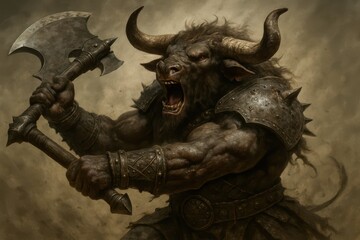 Fierce Minotaur Warrior with Axe in Battle-Ready Pose