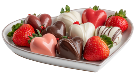 Heart shaped plate of delicious chocolate hearts and ripe strawberries displaying diverse gourmet selection perfect for valentines day celebrations