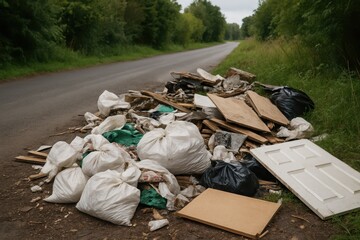 Pile of Waste and Trash Along a Country Road Surrounded by Trees