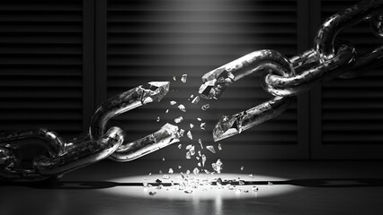 Dramatic monochrome rupture: A fragmented chain conveying liberation and strength