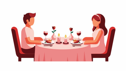 A charming vector illustration capturing a romantic couple enjoying a special candlelit dinner, symbolizing love, togetherness, and intimate celebration at an elegant dining table