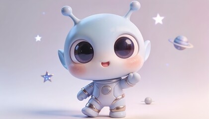 Adorable baby extraterrestrial waving hello from a whimsical starry space