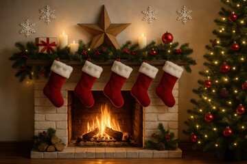 Cozy Christmas Fireplace with Stockings and Festive Decorations