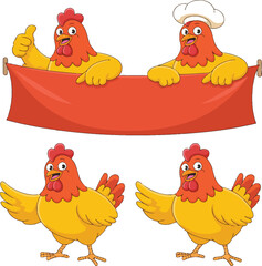 Fun cartoon chickens in chef hat with thumbs up and banner