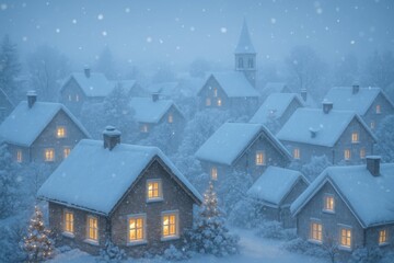 Serene Winter Village Covered in Snow with Warm Glowing Windows