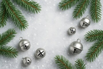 Silver Bells Surrounded by Evergreen Leaves on Winter Background