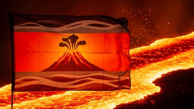 Micronation Flag with Volcanic Emblem Featuring Erupting Volcano and Fiery Colors Symbolizing Power, Nature, and Identity