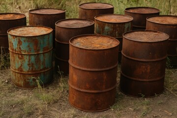 Rusty Industrial Drums Stacked in Outdoor Setting with Grass