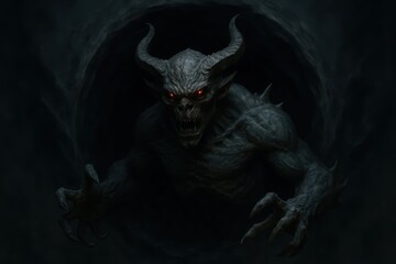 Dark and Sinister Demon Emerging from Shadowy Abyss at Night
