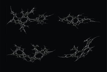 Set 3d chrome metal effect neo tribal y2k gothic style tattoo. Cyber sigilism abstract design. Black flame ornaments with sharp edges and metalcore aesthetic. Vector decorative elements