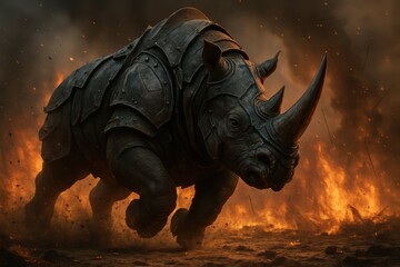 Majestic Rhinoceros Charging Through Fire and Smoke in Dark Scene