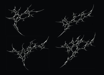 Set 3d chrome metal effect neo tribal y2k gothic style tattoo. Cyber sigilism abstract design. Black flame ornaments with sharp edges and metalcore aesthetic. Vector decorative elements