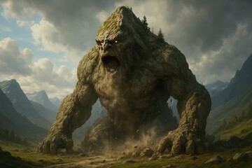 Enormous Mountain Creature Emerging from Earth in Dramatic Landscape