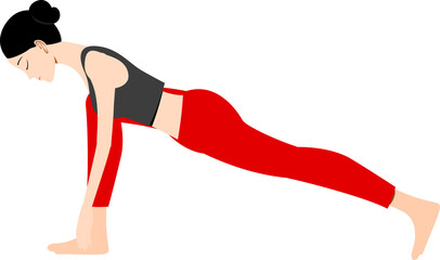 Woman in low lunge yoga pose athletic figure in red leggings and black top vector illustration for fitness and wellness concepts isolated on white background