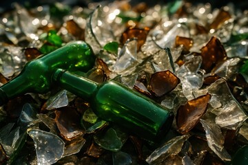 Fragments of Shattered Glass and Green Bottles on the Ground