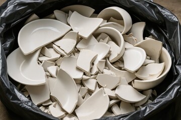 Discarded Broken White Ceramic Pieces in Black Trash Bag