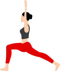 Woman in Warrior I pose performing yoga for fitness and wellness flat vector illustration for health and lifestyle concepts