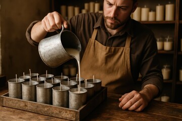 Artisan Craftsman Pouring Wax into Metal Candle Molds in Workshop