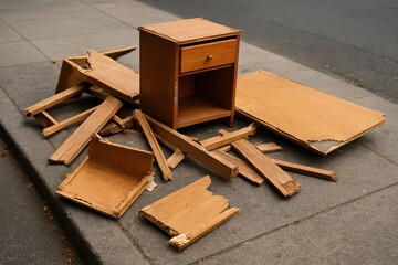 Discarded Broken Furniture with Wood Planks on Urban Sidewalk