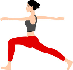 Woman in warrior II yoga pose performing a healthy lifestyle exercise isolated on white background for fitness and wellness concepts