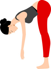 Woman performing standing forward bend yoga pose illustration for fitness and wellness concepts isolated on white background