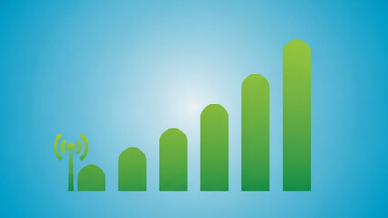 Green bar chart with signal tower on blue background showing growth and communication