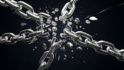 Symbolic representation of shattered resilience and freedom in a digitally rendered chain, on a