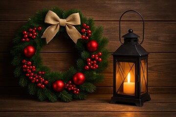 Festive Christmas Wreath and Lantern Display on Wooden Background