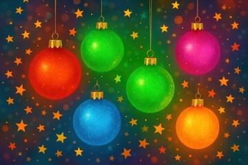 Colorful Christmas Ornaments Hanging on a Bright Starry Background