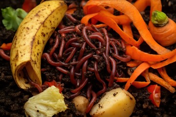 Compost Scene Featuring Worms, Fruits, and Vegetable Scraps