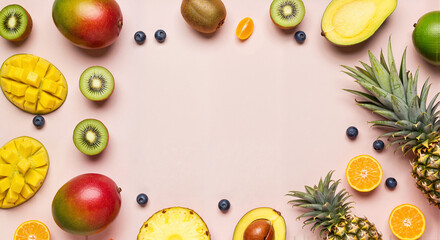Fresh tropical fruits arranged on pink background for decoration  
