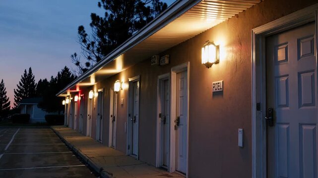 Quiet lodging with softly lit surroundings, Abandoned inn illuminated by gentle lights during calm evening, Solitary traveler encounters deserted motel with warm glows amid tranquil night