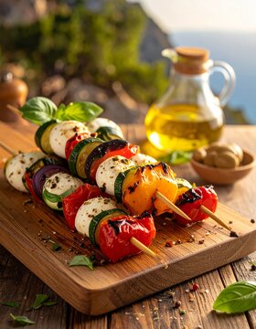 Herzhafte mediterrane Antipasti-Spie&szlig;e mit gegrillter Paprika, Zucchini, Mozzarella und Oliven, rustikal auf einem Holzbrett 