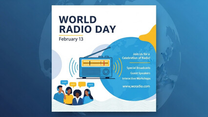 World radio day poster with blue radio and people celebrating on white background