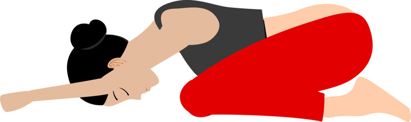 Woman in Childs Pose yoga position flat vector illustration for wellness and fitness concepts isolated on white background