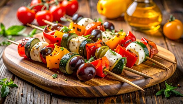 Herzhafte mediterrane Antipasti-Spie&szlig;e mit gegrillter Paprika, Zucchini, Mozzarella und Oliven, rustikal auf einem Holzbrett 