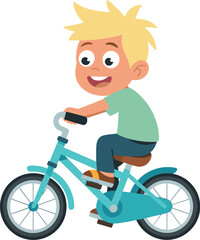 Happy blond boy rides blue bicycle cartoon illustration active child cycling outdoors healthy lifestyle joyful kid having fun recreational activity summer vacation children's book character design vec