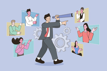 Human resources recruitment and headhunting concept. Businessman with spyglass searching for employee candidate among people profiles. Vector for hiring talent, team management and leadership vision.
